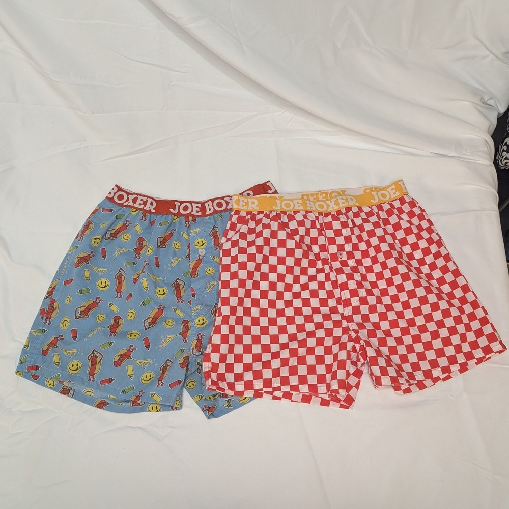 Joe Boxer Underwear‎ Mens S Blue Red Hot Dog Checkerboard Novelty Trunks 2pk Y2k